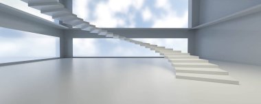 Merdiveni, büyük penceresi ve mavi gökyüzü fütüristik mimarisi olan parlak, boş, modern bir çatı katı.