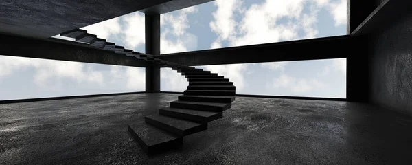 Concreto Escuro Vazio Branco Loft Escritório Interior Com Escadas Janelas — Fotografia de Stock
