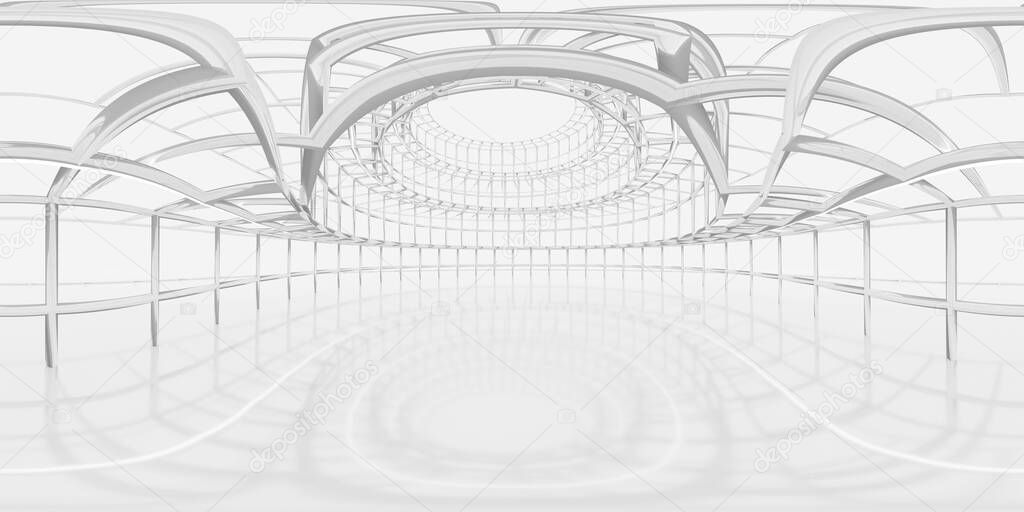 Full 360 degree equirectangular panorama hdri of modern futuristic mesh frame wire building interior