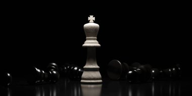 Satranç oyunu - beyaz kral figürü ve koyu arkaplanda düşmüş siyah piyon alçak tuş aydınlatma 3D resimleme