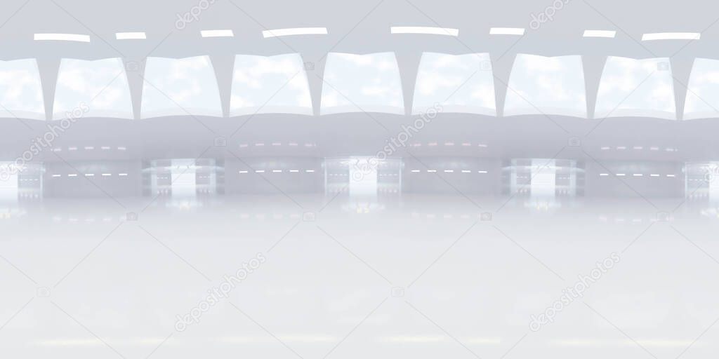 Full 360 degree equirectangular panorama hdri of modern futuristic white building interior