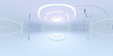 Full 360 degree equirectangular panorama hdri of modern futuristic white building interior with neon pink and magenta lighting. empty stand product showcase copyspace to add your content. clipart