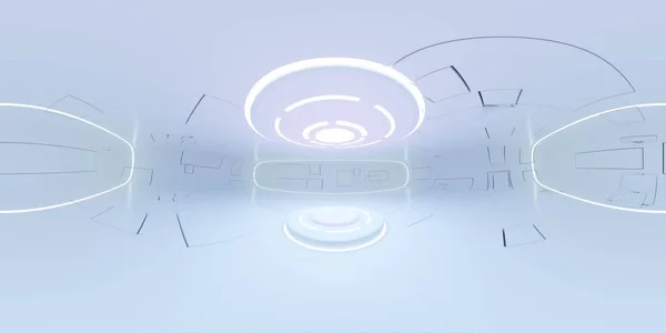 Tam 360 derecelik eşdörtgen panorama hdri modern fütürist beyaz bina içi neon pembe ve morumsu aydınlatma. İçeriğinizi eklemek için boş stand ürün gösterimi kopyalama alanı.