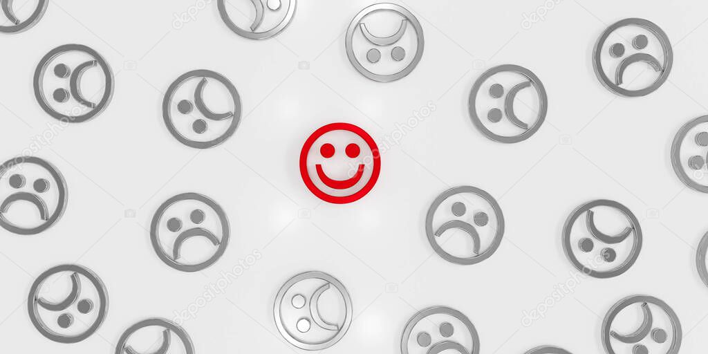 red smiling face emoticon in between crying and sad emoticon faces. resilience happiness mental health concept