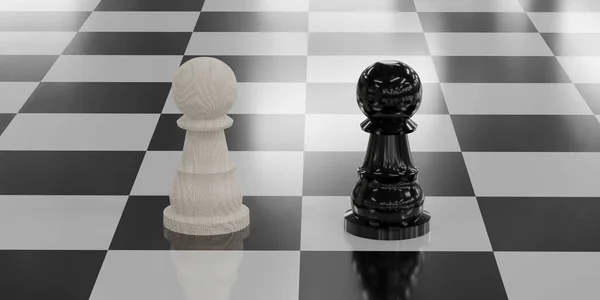 White and black pawn figures on a checker board background antagonist rivalry conflict concept 3d render illustration — Stock Photo, Image