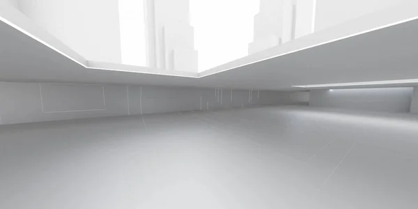 抽象的な白の近代的な未来都市ダークコンクリートの建物3Dレンダリング日ライトグランジ地下デザイン — ストック写真