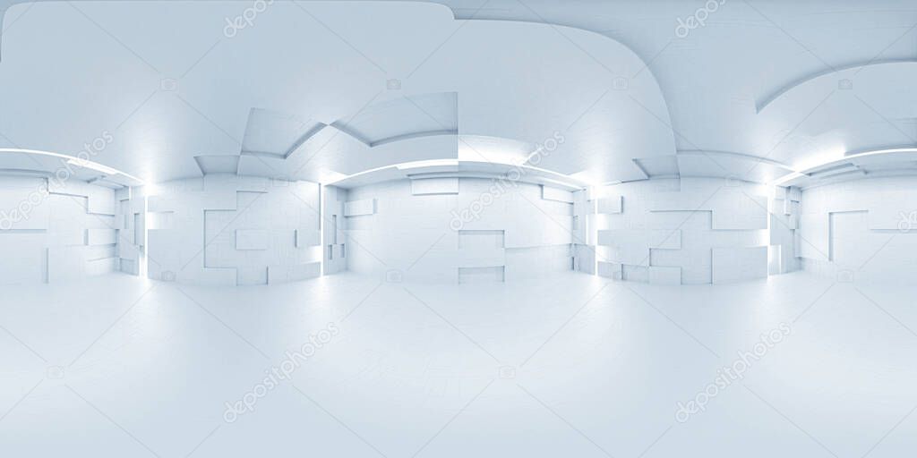 Full 360 equirectangular spherical panorama view of modern futuristic technology building architecture white modern design