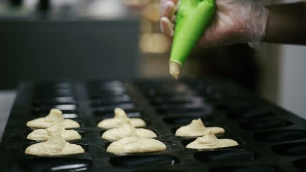 Confitero llena moldes para masa de pastelería . — Vídeos de Stock