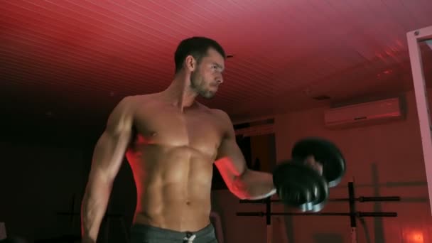 Bodybuilder schüttelt seine Armmuskeln — Stockvideo