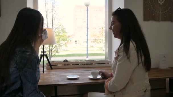 Két lány beszél, a kávé — Stock videók