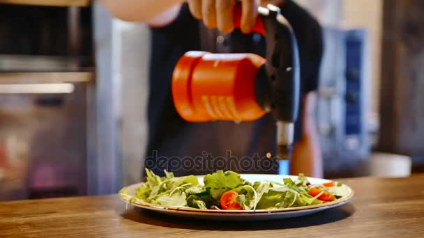 Cuisinier moderne réchauffe la viande avec brûleur cuit — Video