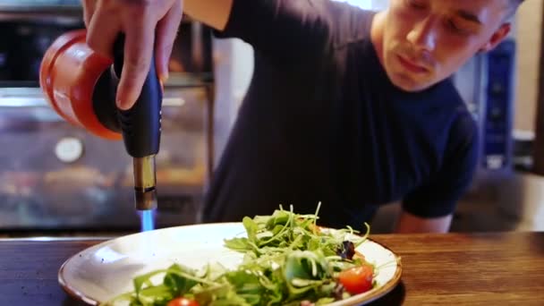 Um jovem cozinheiro moderno aquece um prato com um queimador de gás — Vídeo de Stock