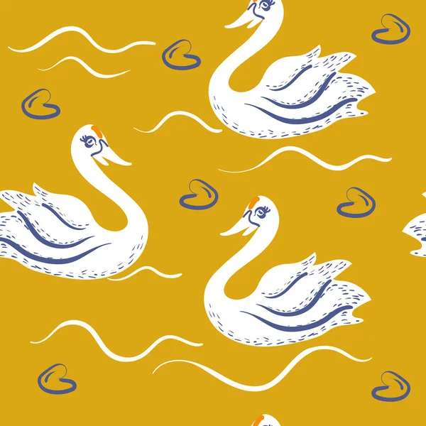 İç dekorasyon için sarı arka planda beyaz kuğu desenli kusursuz desen, baskı posterleri, tebrik kartı, modern İskandinav tarzında vektör şeklinde sarma. Doodle tarzı. İskandinav 