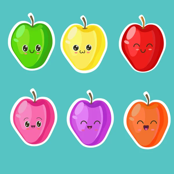 Set Illustrations Cute Apple Different Emotions Characters Cartoon Style Blue — Stock Vector