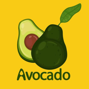 Avokado çizimleri arka planda izole edilmiş. Meyve, tohum, yaprak. Sevimli renkli çizgi film vektör illüstrasyonunda vejetaryen yemek vektörü simgeleri.