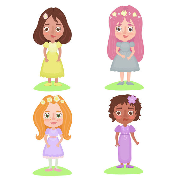 Установите иллюстрацию с милыми маленькими девочками в платьях принцессы с цветочными венками. Персонаж мультфильма
. 
