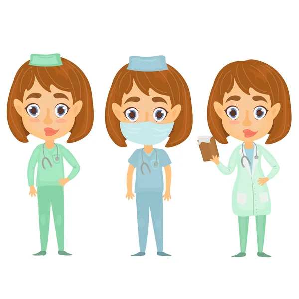 Doktorlarla bir dizi vektör çizimi. Doktor radyolog, cerrah, terapist. Şirin, düz çizgi film tarzında kadın doktorlar..