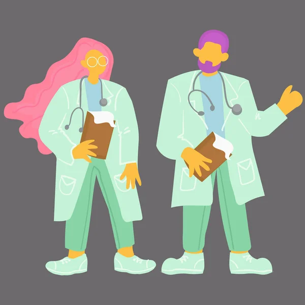 Çizgi film tarzında doktor erkek ve kadın vektör çizimi. Sağlık çalışanı.