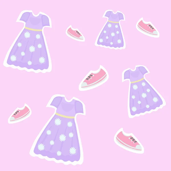 Pembe arka planda mor elbiseli ve ayakkabılı kusursuz vektör deseni. Tekstil ya da kağıt. Kız gibi desen