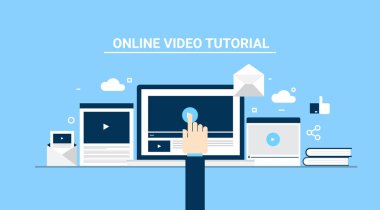 Online video, video tutorial, video tuşuna basarak el düğmesi düz vektör afiş oynamak.