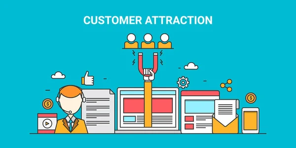 Platte lijn vector voor klant attraction, retentie strategie, webmarketing, publiek betrokkenheid plat banner — Stockvector