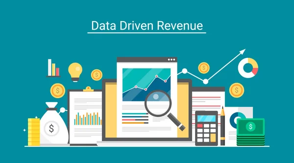 Platte vector voor gegevensgestuurde inkomsten, analyse van de groei, rendement op investeringen meting — Stockvector
