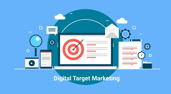 Digitales Zielmarketing, Re-Targeting, Internet-Marketing, Online-Geschäftsstrategie-Vektorillustration mit Symbolen — Stockvektor