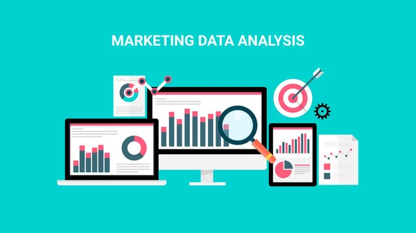 Análise de dados de marketing, Big Data Marketing, Análise de negócios banner vetorial plano — Vetor de Stock