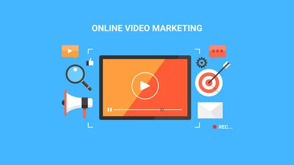 Marketing de vídeo online, publicidade em vídeo, estratégia de mídia digital banner vetorial de design plano — Vetor de Stock
