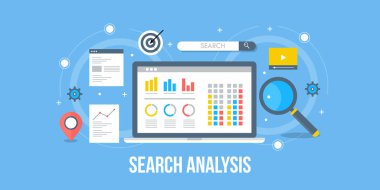 Seo analiz - veri analytics, Web sitesi optimizasyonu için web veri araştırma pazarlama. Modern dijital pazarlama yaratıcı kavramı. Düz tasarım vektör afiş.