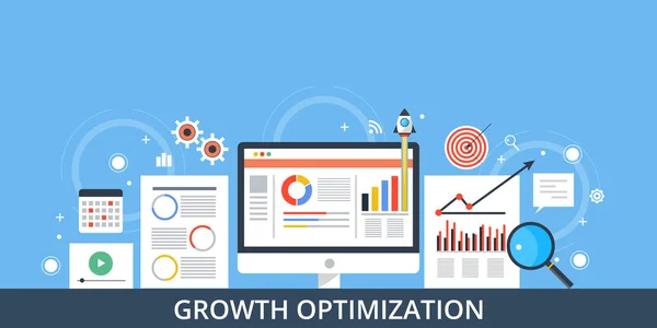 Büyüme optimizasyonu, dönüşüm yönetimi, veri kavramı pazarlama büyüme götürmek. Düz tasarlamak vektör.