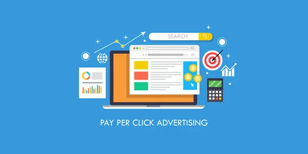 Ppc reklamları, arama motoru pazarlaması kavramı - tıklayın reklam başına ödeme. Düz tasarım simgeler ve öğeleri ile banner pazarlama.