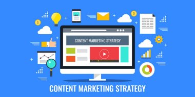 Pazarlama stratejisi - dijital içerik promosyon web içeriği. Düz tasarım içeriği vektör çizim pazarlama.