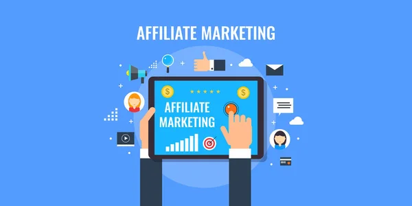 Affiliate pazarlama iş - teknoloji tabanlı yönlendirme ağ programı. Düz tasarım pazarlama vektör çizim.