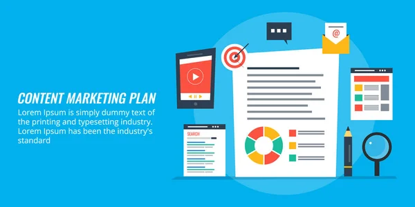 Content Marketing Planning Strategie Ontwikkeling Voor Digitale Inhoud Promotie Platte — Stockvector