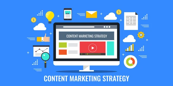 Pazarlama stratejisi - dijital içerik promosyon web içeriği. Düz tasarım içeriği vektör çizim pazarlama.