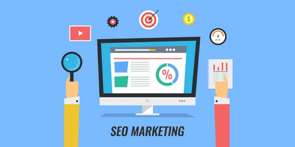SEO Pazarlama - arama motoru optimizasyonu online iş için. Web sitesi optimizasyonu kavramı. Düz tasarım vektör çizim dijital pazarlama.