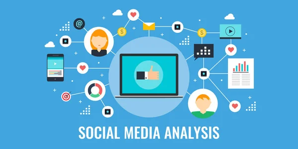 Sosyal medya analizi, dijital pazarlama izleme, içerik ve veri analizi online iş performansı için. Simgeler ve elemanları düz tasarlamak vektör.