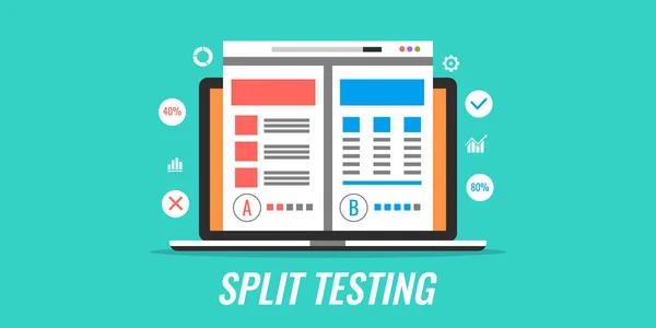 AB test, testi, Web sayfası kullanılabilirlik, kullanıcı deneyimi performans izleyici nişan planlama kavramı bölün. Düz tasarım vektör afiş.