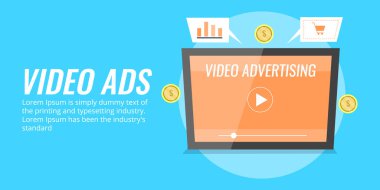 Video - dijital medya reklam - reklam online reklam. Düz tasarım pazarlama vektör afiş.