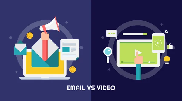 Comparaison Entre Email Marketing Vidéo Marketing Plat Bannière Vectorielle Conception — Image vectorielle