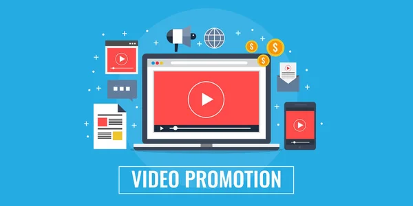 Marketing Vídeo Promoção Vídeo Publicidade Mídia Digital Reprodução Vídeo Tela —  Vetores de Stock