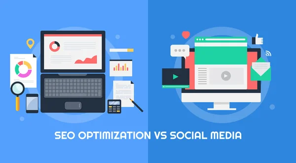 Seo Social Media Concept Comparison Seo Optimization Social Media Flat — Stock Vector