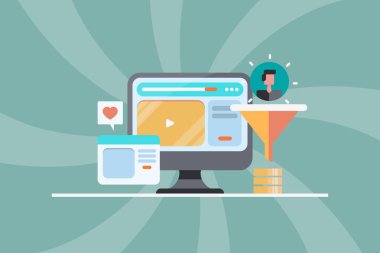 Video pazarlama artış oranı, satış hunisi optimizasyonu, sosyal medya konsepti için dijital içerik. Web, blog, sunum, şablon için düz tasarım iş afişi.