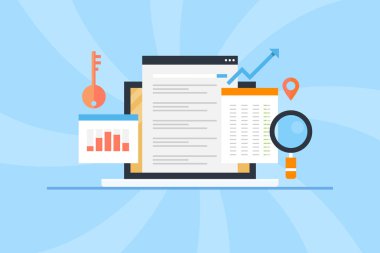 Arama motoru optimizasyonu, seo anahtar kelime araştırması, sayfa analizi, dijital pazarlama, web içeriği kavramı. Blog, sunum ve şablon için düz tasarım iş afişi.