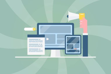İçerik pazarlama, sosyal medya reklamcılığı, dijital içerik, CMS, blog yazısı, web sitesi teknolojisi. Düz tasarım iş afişi şablonu.
