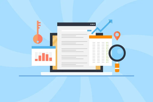 Arama motoru optimizasyonu, seo anahtar kelime araştırması, sayfa analizi, dijital pazarlama, web içeriği kavramı. Blog, sunum ve şablon için düz tasarım iş afişi.
