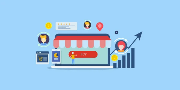 Etrade seo, dijital pazarlama kampanyası, lider nesil, dönüştürme optimizasyonu, müşteri satın alma ürün konsepti. Düz tasarım vektör şablonu.