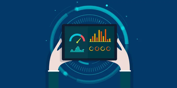 Kpi Muestra Datos Pantalla Tableta Analítica Negocios Aplicación Métricas Éxito — Archivo Imágenes Vectoriales