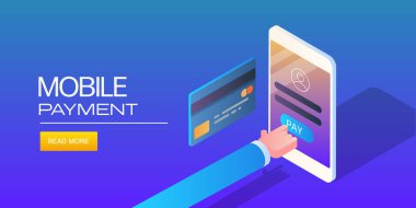 Isometric mobil ödeme, dijital işlem, online bankacılık ve finansal konsept. Müşteri çevrimiçi kredi kartıyla ödüyor.